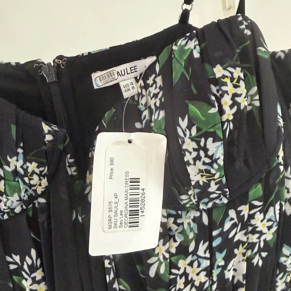 Sau Lee Georgina Ditsy Floral Gown Black Chiffon Pleated Bustier Maxi Dress Sz 4 - Picture 9 of 13